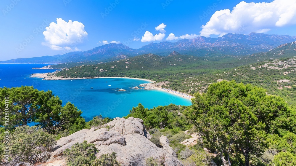 Coastal view, turquoise bay, mountain backdrop, sunny day, travel brochure Coastal view, turquoise bay, mountain backdrop, sunny day, travel brochure