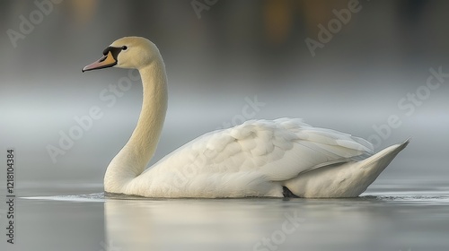 Majestic swan glides on misty lake at dawn photo