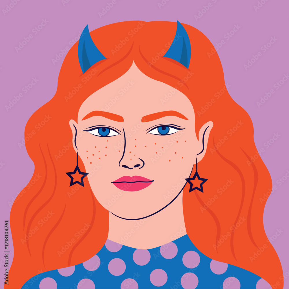Red-haired girl with freckles and horns Red-haired girl with freckles and horns