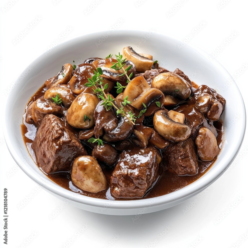 A classic beef bourguignon with mushrooms and red wine sauce, isolated white background, hyperrealism art style A classic beef bourguignon with mushrooms and red wine sauce, isolated white background, hyperrealism art style