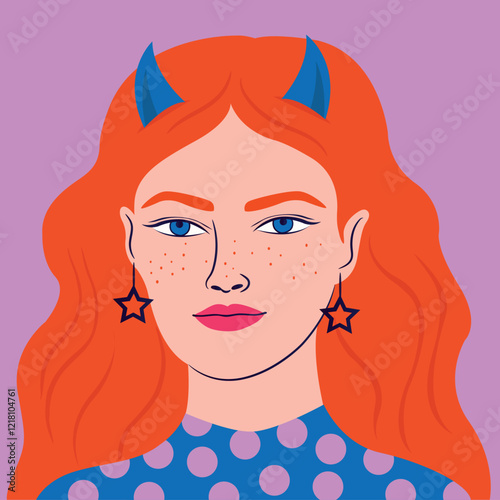 Red-haired girl with freckles and horns