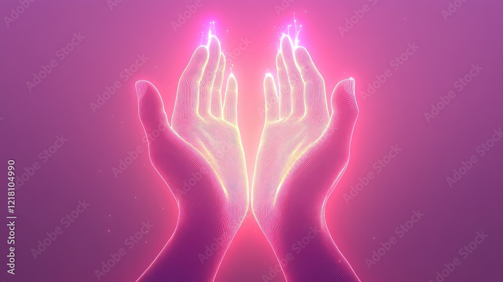 A glowing pair of hands outlined with soft, radiant light against a tranquil gradient background, symbolizing the transfer of healing energy A glowing pair of hands outlined with soft, radiant light against a tranquil gradient background, symbolizing the transfer of healing energy