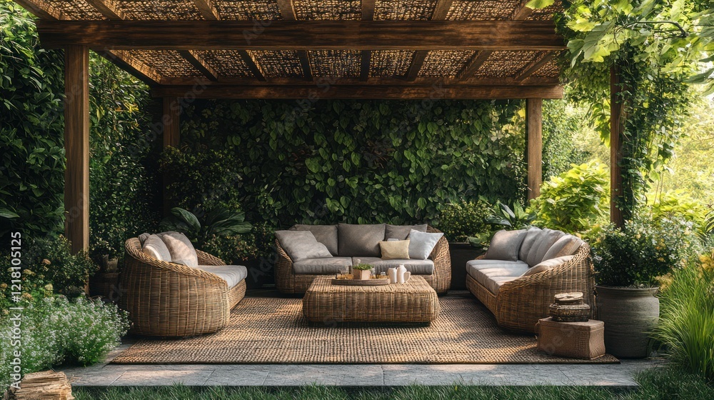 Relaxing outdoor patio furniture set under wooden pergola. Relaxing outdoor patio furniture set under wooden pergola.