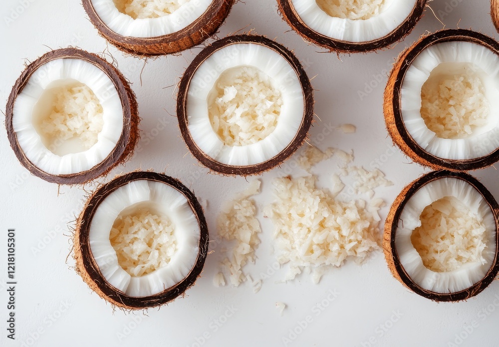 Fresh grated coconut in coconut shells on white background. Fresh grated coconut in coconut shells on white background.
