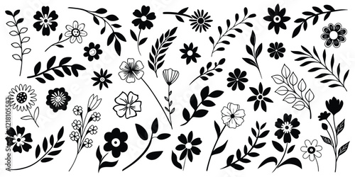 Hand drawn plant elements, flowers and leaves, vector design	