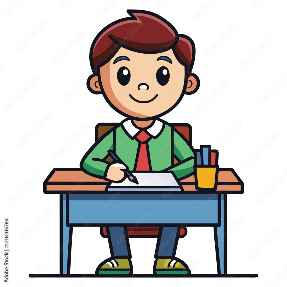 Cute cartoon boy studying at a desk, focused on his work. Cute cartoon boy studying at a desk, focused on his work.