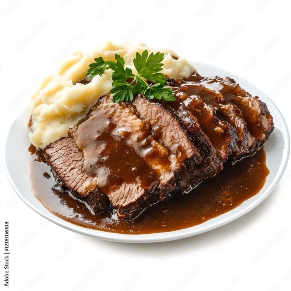A classic beef brisket with mashed potatoes and gravy, isolated white background, realist art style A classic beef brisket with mashed potatoes and gravy, isolated white background, realist art style