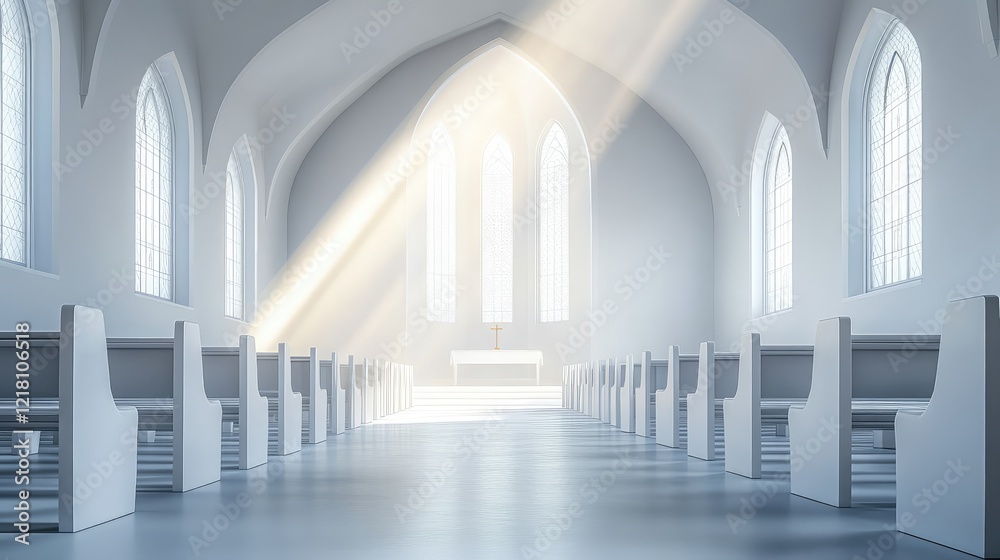 A minimalist church interior with arched windows casting soft light onto empty pews, creating a peaceful and contemplative atmosphere A minimalist church interior with arched windows casting soft light onto empty pews, creating a peaceful and contemplative atmosphere