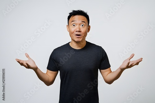 Young Man Shrugging with Confused Expression, Hands Raised, Isolated on White Background