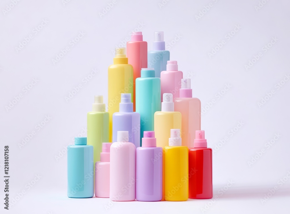 Colorful pastel plastic bottles arranged in a triangle. Colorful pastel plastic bottles arranged in a triangle.