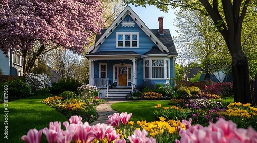 Dreamy Spring House: A Blue Haven Surrounded by Blossoms photo