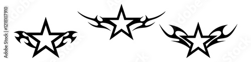 Star Shape with Neo tribal y2k gothic style tattoo Cyber sigilism spikes and sparks for streetwear print designs, spiky y2k aesthetic vector set	
