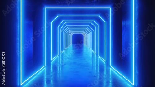 Bright blue neon triangle illuminated against a dark background creates a striking visual effect in a modern space