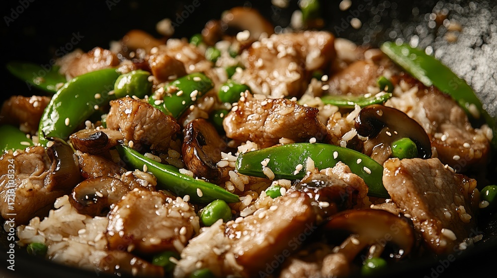 Close-up of rice and pork stir-fry with mushrooms and snap peas in a black wok, emphasizing savory and umami flavors. Ideal for Asian cuisine and quick meals. Close-up of rice and pork stir-fry with mushrooms and snap peas in a black wok, emphasizing savory and umami flavors. Ideal for Asian cuisine and quick meals.