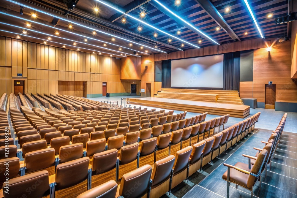 Naklejka premium A deserted stage awaits. Seats, podium, and screen stand silent, captured in a candid photograph.