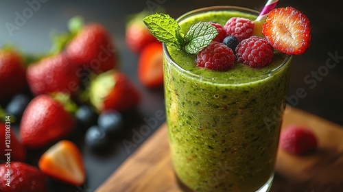 Green smoothie with berries, healthy breakfast photo