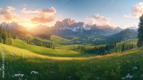 Sunset Alpine Meadow, Mountains, Flowers, Sunrise, Landscape, Panorama, Travel, Poster photo