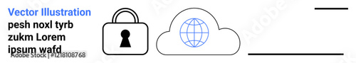 Cloud with globe represents global network and storage. Padlock signifies data security. Ideal for cybersecurity, data privacy, cloud computing, internet security, online protection, network safety