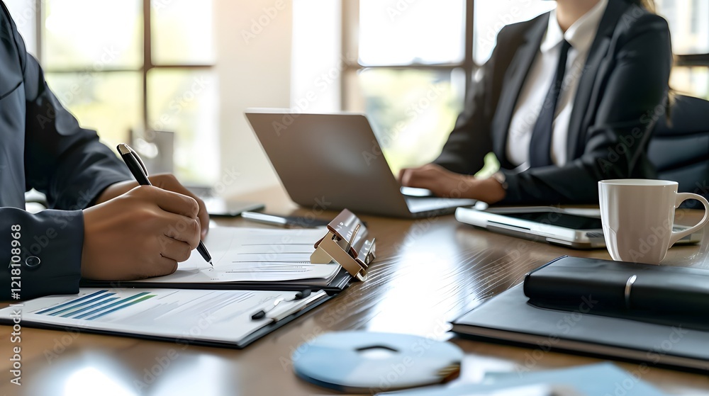 Business People in a Meeting Room with Laptops and Documents: Focus on Woman's Hand Writing Notes on Paper. Business Concept for Project Planning or Real Estate with Home Model, 8K Photorealistic, Cin Business People in a Meeting Room with Laptops and Documents: Focus on Woman's Hand Writing Notes on Paper. Business Concept for Project Planning or Real Estate with Home Model, 8K Photorealistic, Cin