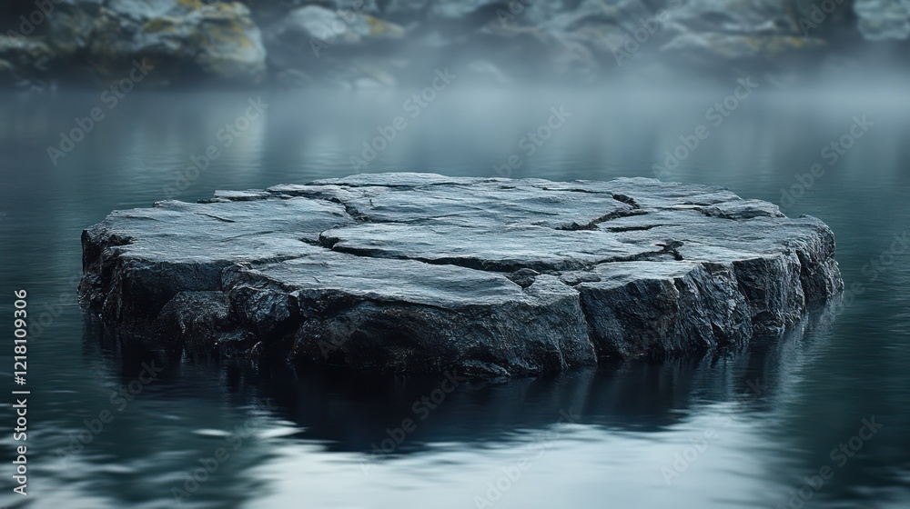 Naklejka premium Mystical Rock Formation in Misty Lake