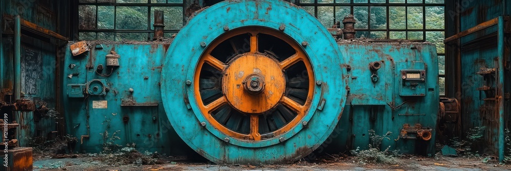 Fototapeta premium Rusty teal and orange industrial machinery in abandoned factory.