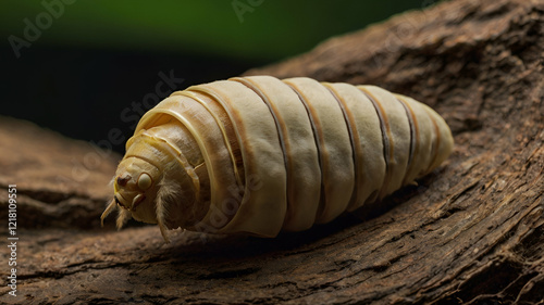 Bombyx mori common silkmoth pupa inside the cocoon landscape with on forest background, photo