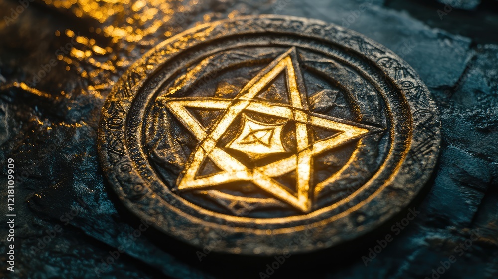 Fototapeta premium A serene, glowing sacred geometry symbol on a dark textured surface with intricate details illuminated gently
