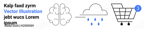 Brain, rain cloud with droplets, shopping cart with notification. Ideal for mental health, weather forecast, online shopping, cognitive science, e-commerce, minimalism, abstract concepts. Landing