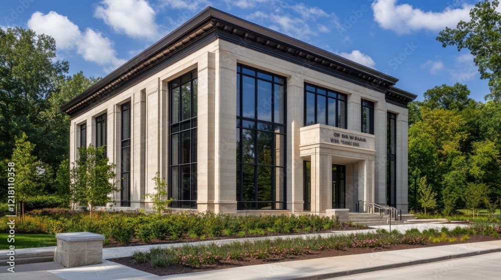 A sharp-angled view of a modern bank building with clean lines, expansive windows, and an impressive entrance under bright daylight A sharp-angled view of a modern bank building with clean lines, expansive windows, and an impressive entrance under bright daylight