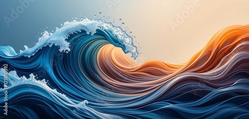 Abstract swirling ocean wave art depicting blue and orange hues