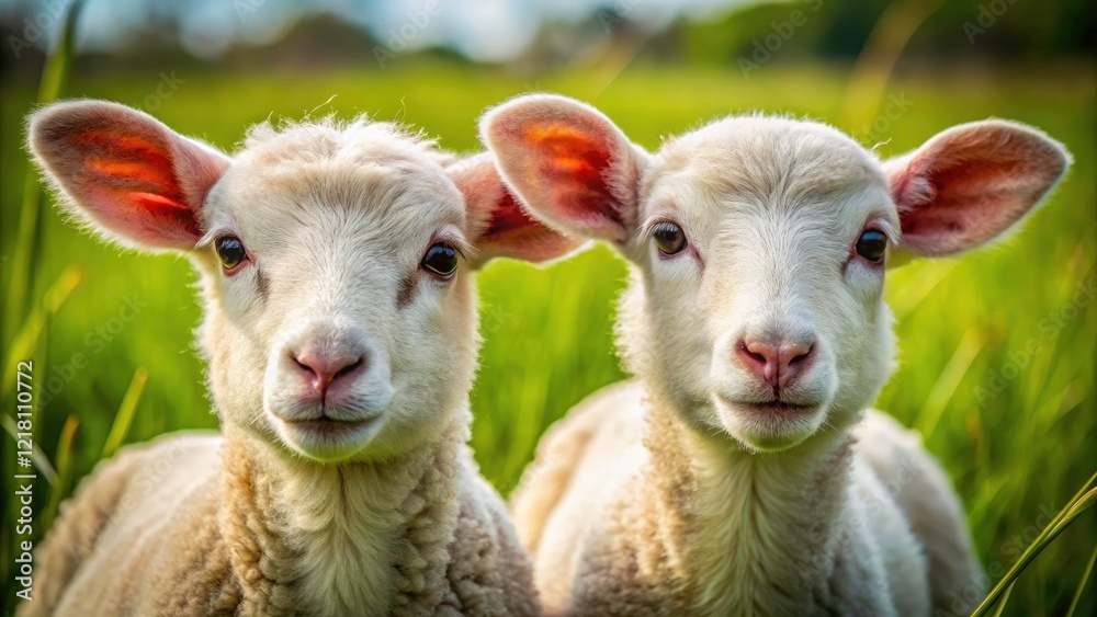 Obraz premium Adorable baby sheep, close-up view, graze peacefully in a vibrant green spring pasture.