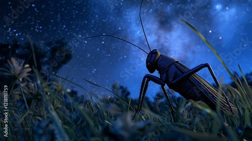 A photorealistic image of a cricket chirping on a blade of grass under a starry night sky in the countryside
 photo