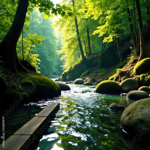 Serene forest river flows beneath suspended wooden planks, water, solitude, capilano photo