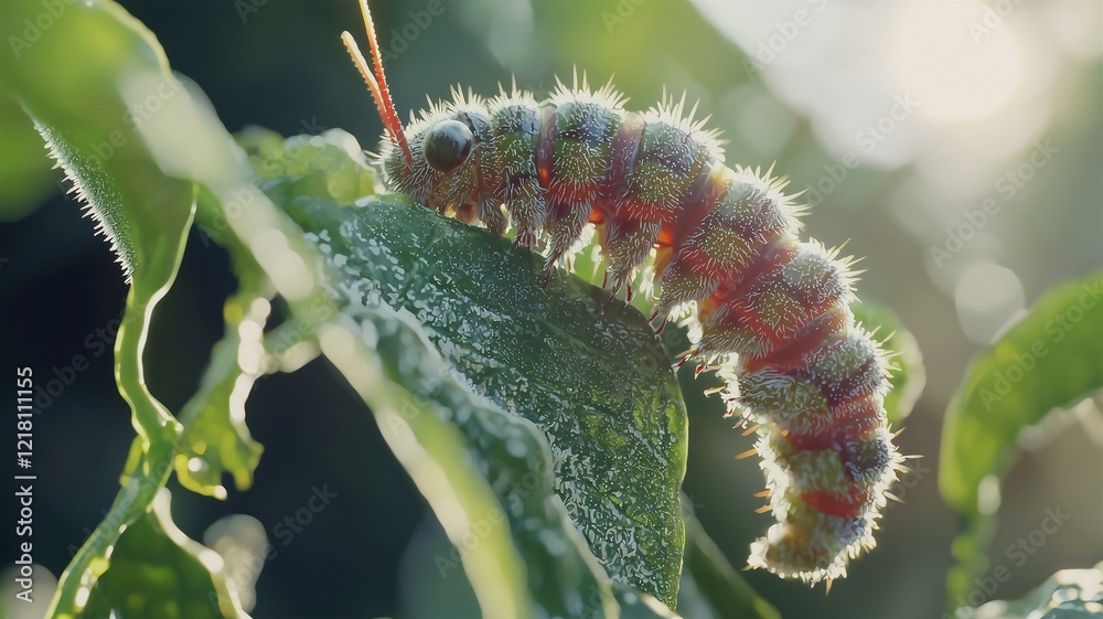 Fototapeta premium A photorealistic macro shot of a caterpillar feeding on a fresh green leaf in bright daylight 