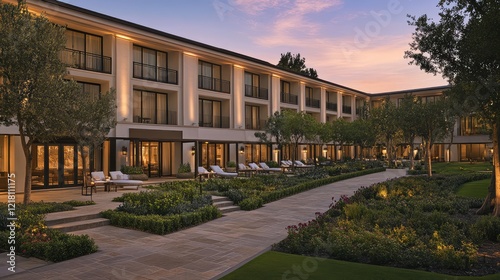 A sleek  urban hotel exterior with large windows and a clean design  accompanied by beautifully manicured gardens and walkways