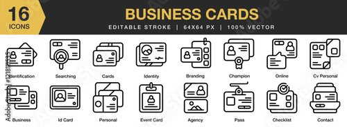 Business Cards icon set. Editable Stroke Icon Collection. Includes business, identity, business card, company, contact, and More. Outline icons vector collection.