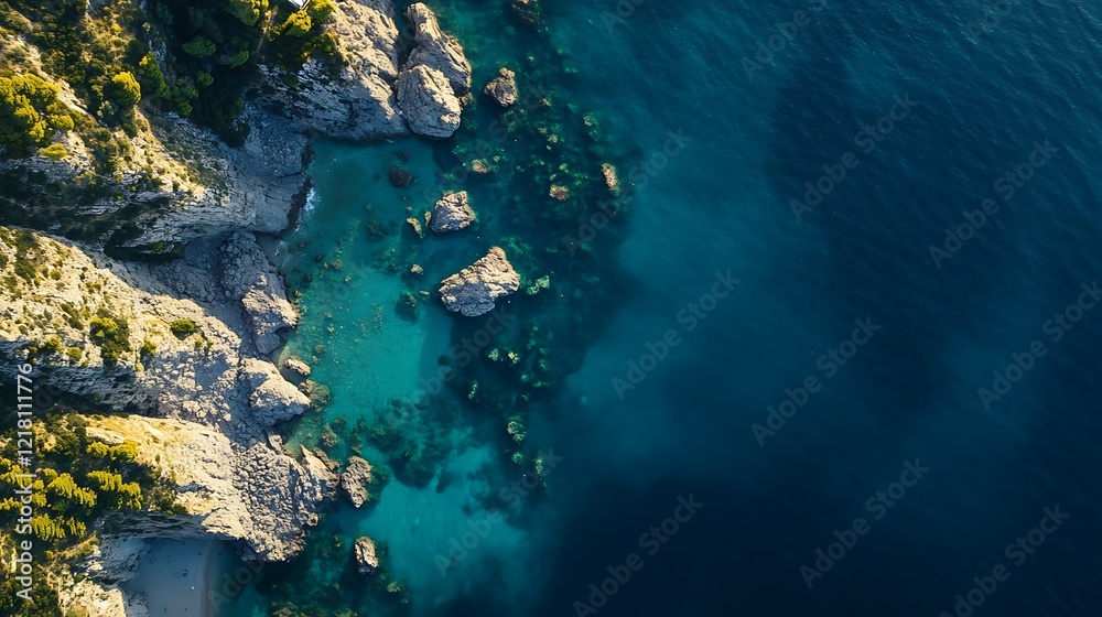 Aerial view of a rocky coastline with clear blue waters and lush greenery. Aerial view of a rocky coastline with clear blue waters and lush greenery.