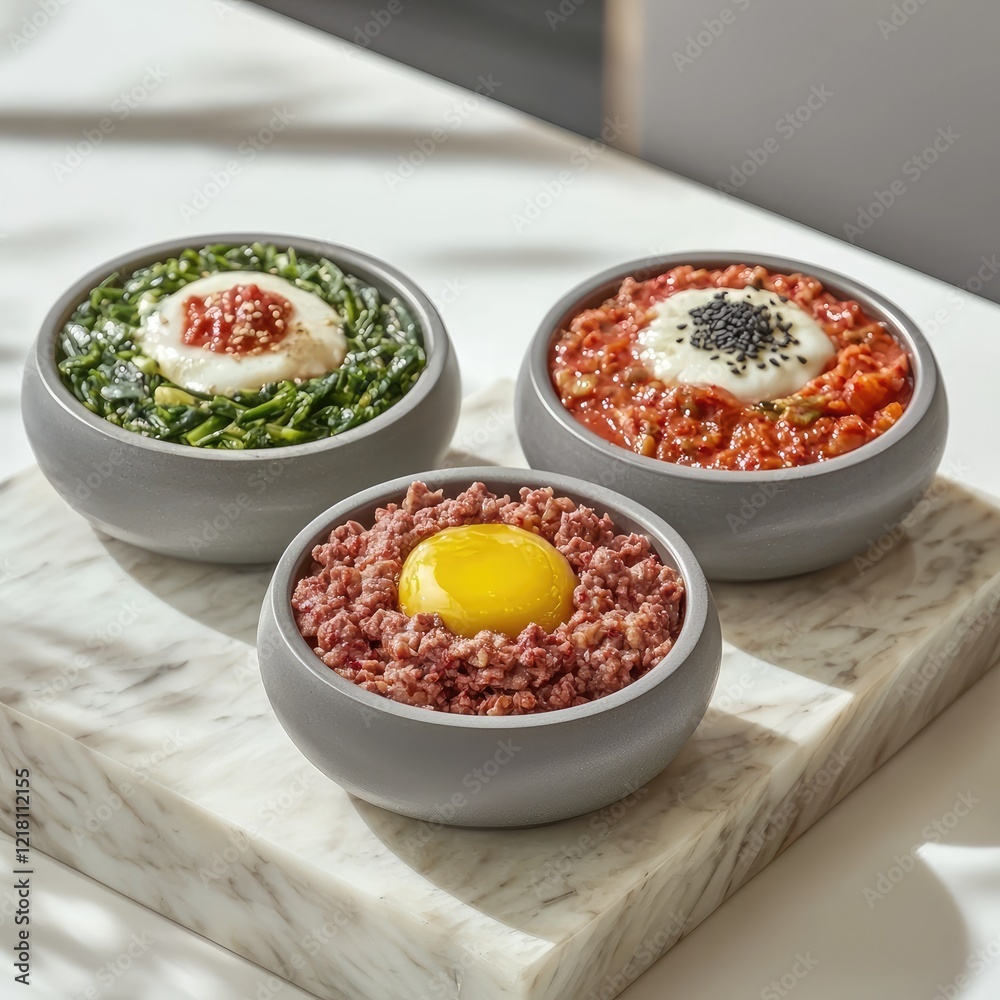 Three gourmet dishes, restaurant setting, egg yolk, spinach, kimchi Three gourmet dishes, restaurant setting, egg yolk, spinach, kimchi