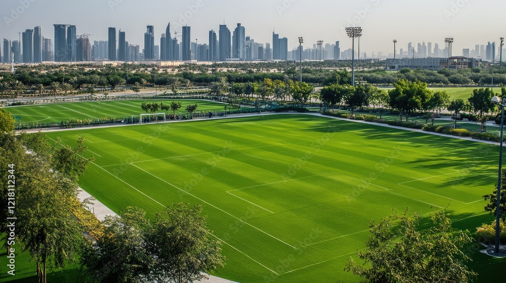Obraz premium A spacious outdoor sports complex featuring multiple fields for different sports, open green spaces, and modern facilities in the background