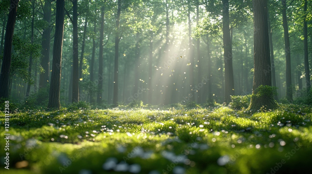 Obraz premium Sunlight filters through dense forest canopy illuminating a serene meadow scene