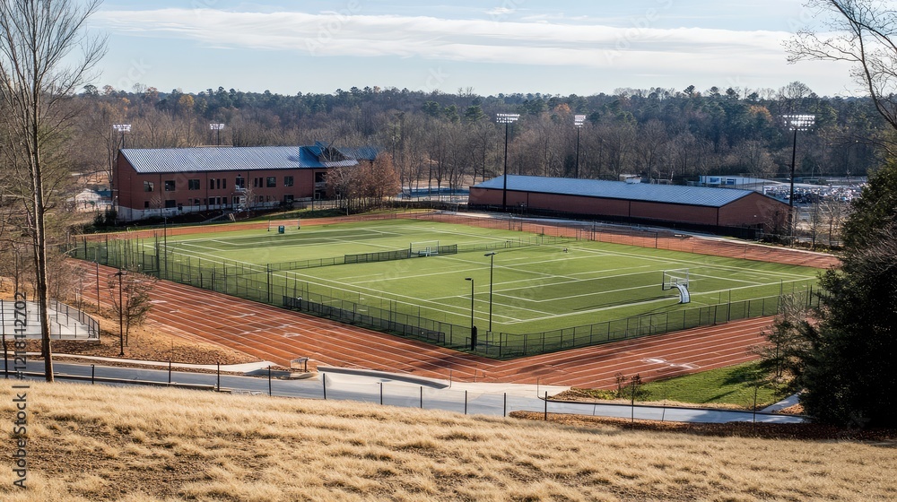 A sports complex with a wide football field, basketball court, and tennis courts, surrounded by green landscaping, with no people in sight A sports complex with a wide football field, basketball court, and tennis courts, surrounded by green landscaping, with no people in sight