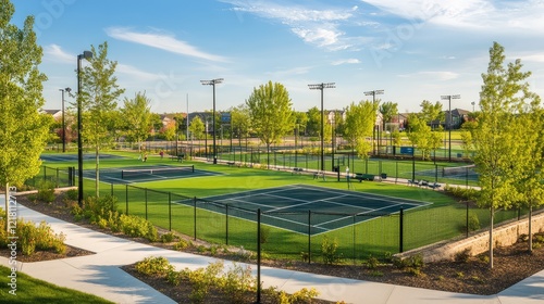 Wallpaper Mural A sports complex with multiple outdoor tennis and basketball courts, surrounded by vibrant green grass and open spaces under a sunny sky Torontodigital.ca