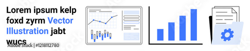 Text block, line and bar charts, technical documents with gear icon. Ideal for business analytics, data visualization, reporting, technology, finance, and presentations. Landing page