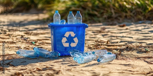 A blue recycling bin with the recycling symbol, surrounded by empty plastic bottles.