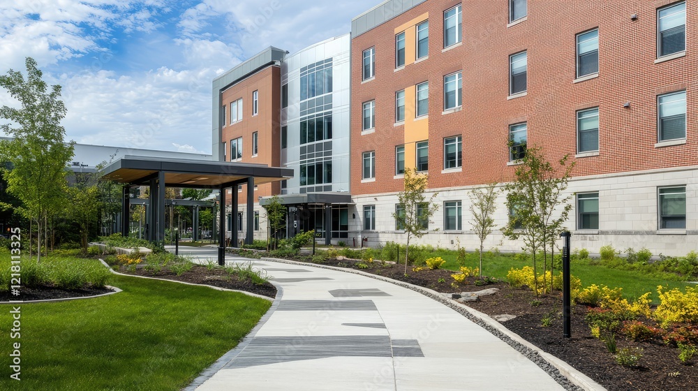 A stylish dormitory entrance with minimalistic detailing, a welcoming pathway, and bright, natural landscaping A stylish dormitory entrance with minimalistic detailing, a welcoming pathway, and bright, natural landscaping
