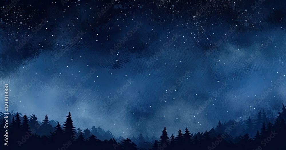 Naklejka premium A serene night sky filled with stars above a dark forest silhouette.