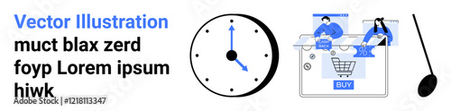 Clock showing 5 oclock, two figures shopping online with a cart text and spoon. Ideal for time management, online shopping, digital marketing, presentation slides, infographics, e-commerce