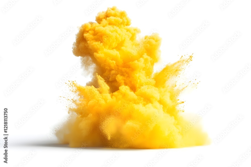 Yellow Powder Explosion on White Background, Vibrant Color Burst in Motion Yellow Powder Explosion on White Background, Vibrant Color Burst in Motion