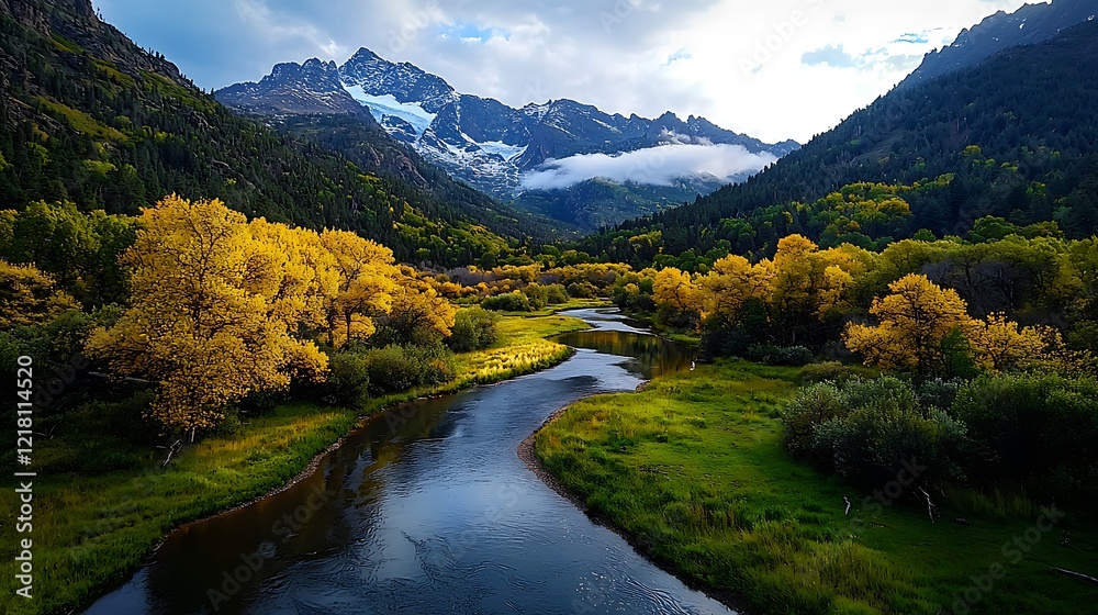 Autumn river valley, snow-capped mountains, fall foliage, scenic landscape, nature photography Autumn river valley, snow-capped mountains, fall foliage, scenic landscape, nature photography