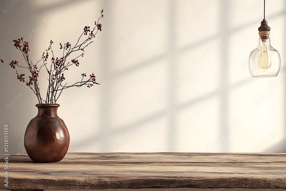 Rustic Wooden Table with Copper Vase and Branches Rustic Wooden Table with Copper Vase and Branches